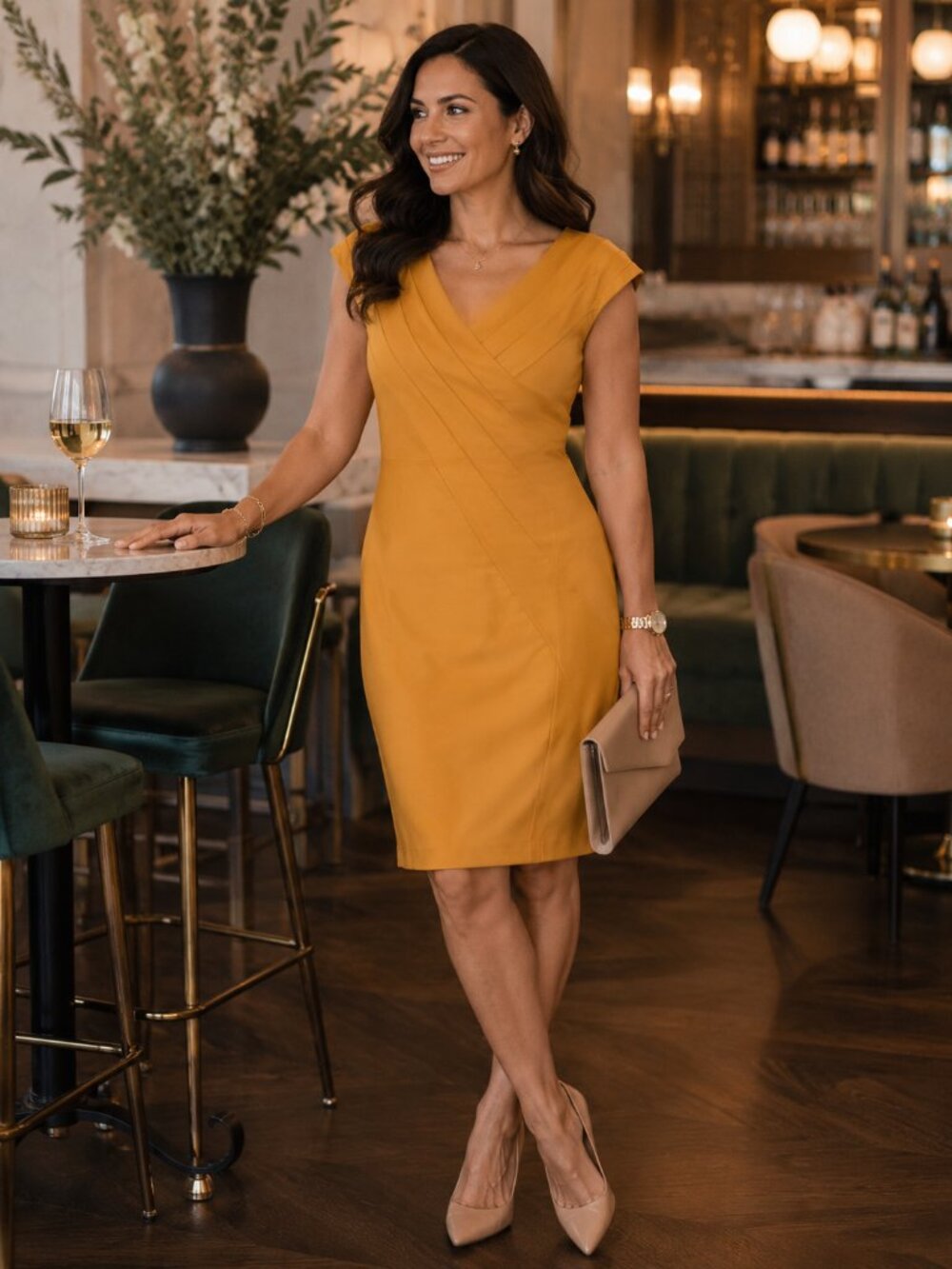 Kay Unger Mustard Sheath Dress | Size 12 | Elegant V-Neck | Timeless Cocktail